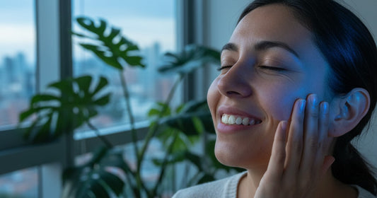 Mujer colombiana aplicandose crema facial con una sonrisa suave — beneficios del colageno hidrolizado